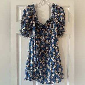 Vici Off Shoulder Blue Floral Puff Sleeve Dress. Size small.